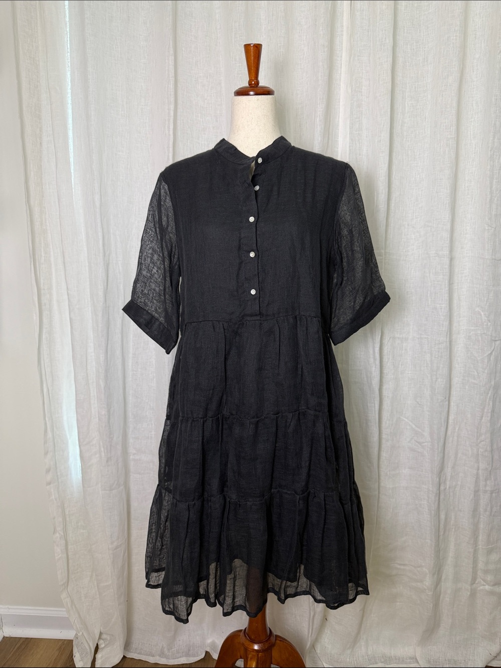 Becasa Linen Tiered Midi Dress with Button Front - Black